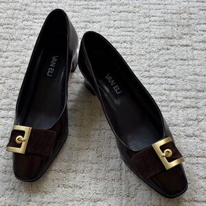 Van Eli Dark Brown Leather Loafers with Gold Buckle Size 8M